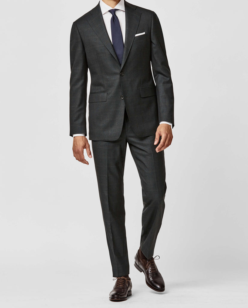 Angelico 365 Doppio Ritorto S130 Merino Wool Bottle Green with Brown Multi Windowpane