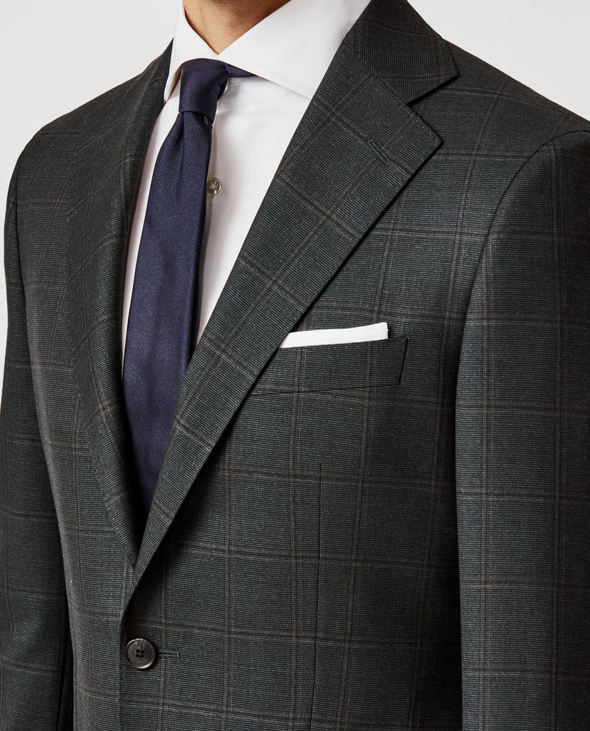 Angelico 365 Doppio Ritorto S130 Merino Wool Bottle Green with Brown Multi Windowpane