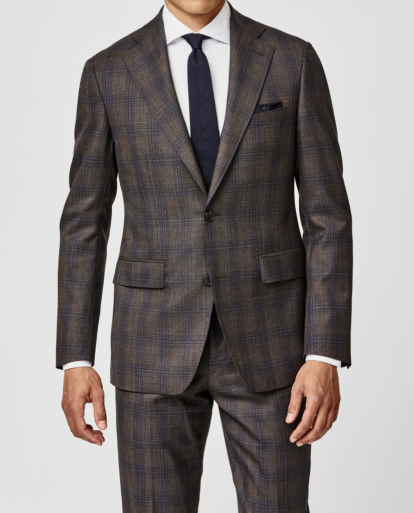 Angelico 365 Doppio Ritorto S130 Merino Wool Coffee Brown with Blue Check