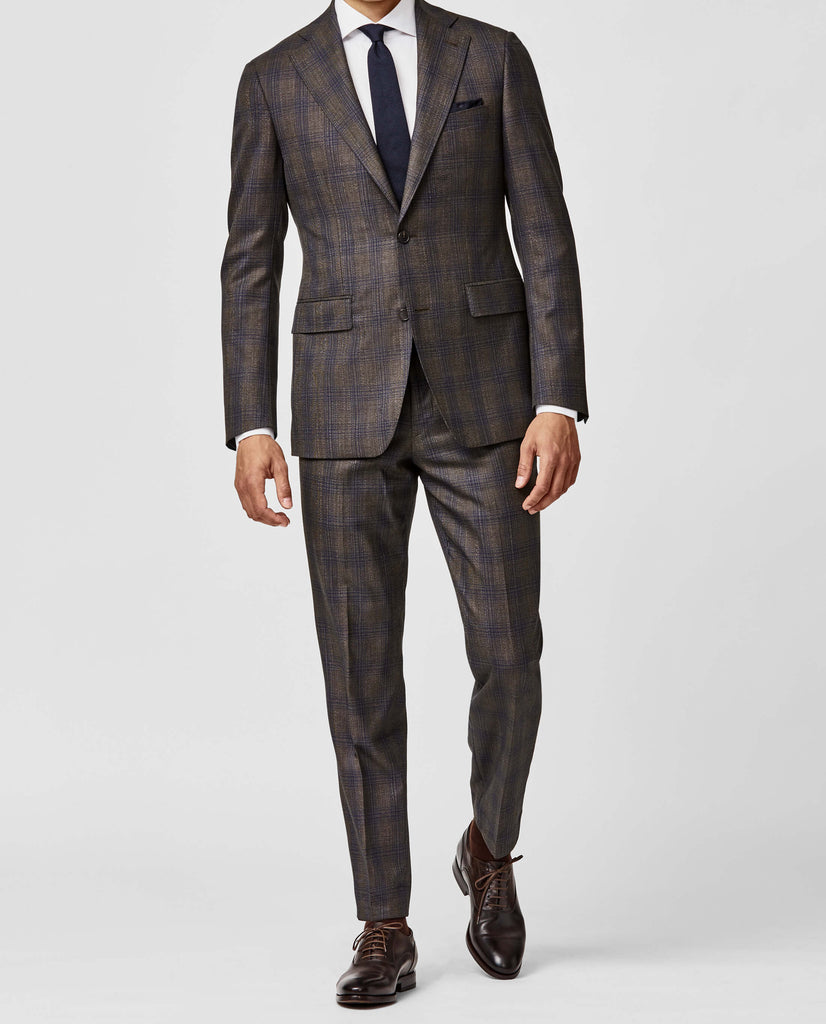 Angelico 365 Doppio Ritorto S130 Merino Wool Coffee Brown with Blue Check