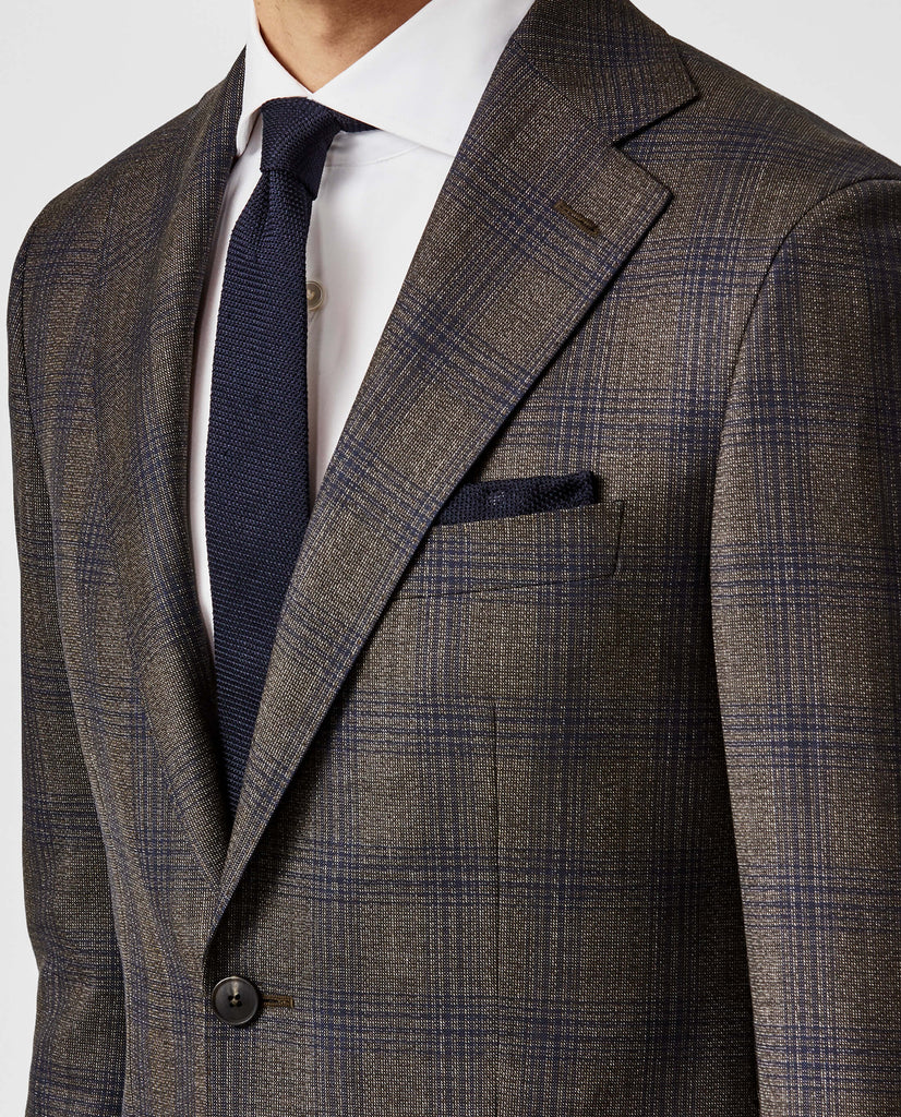 Angelico 365 Doppio Ritorto S130 Merino Wool Coffee Brown with Blue Check