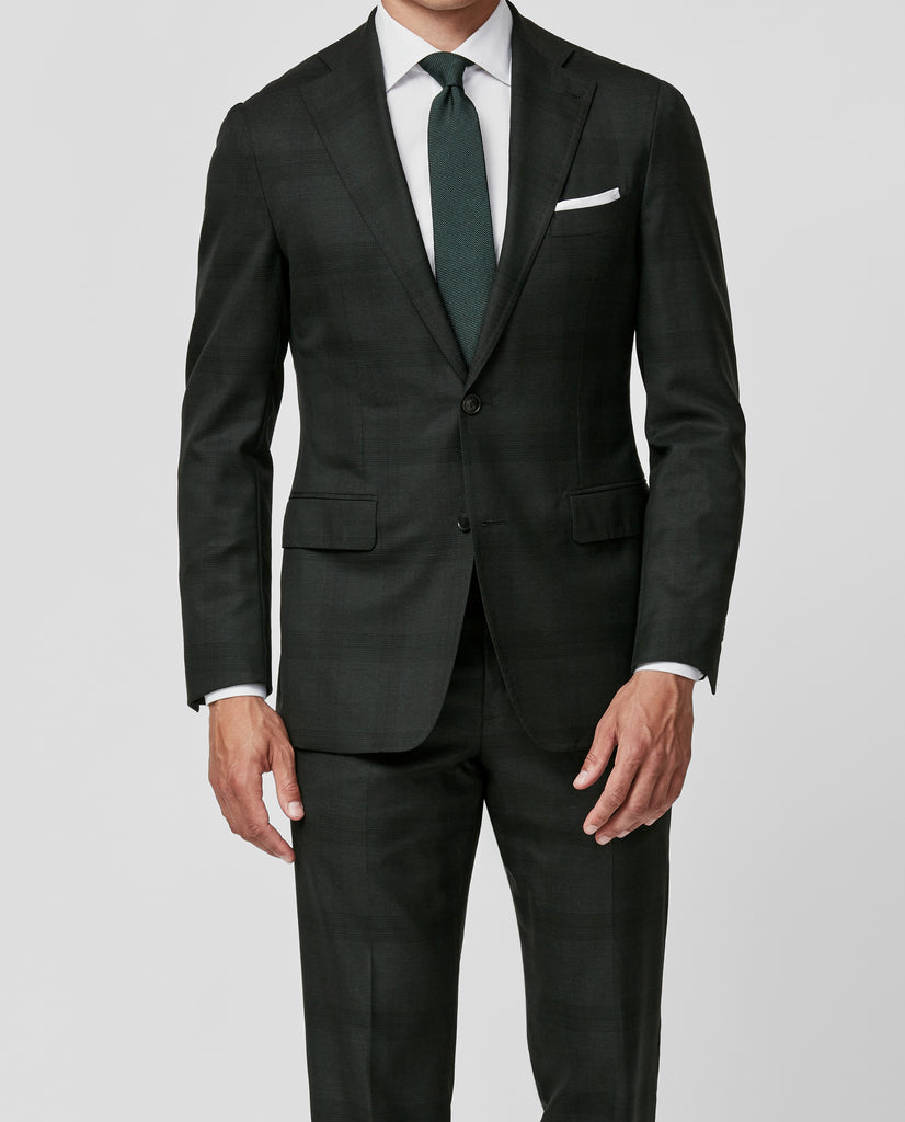 Angelico 365 Doppio Ritorto S130 Merino Twill Mouliné Wool Forest Green with Subtle Black Check
