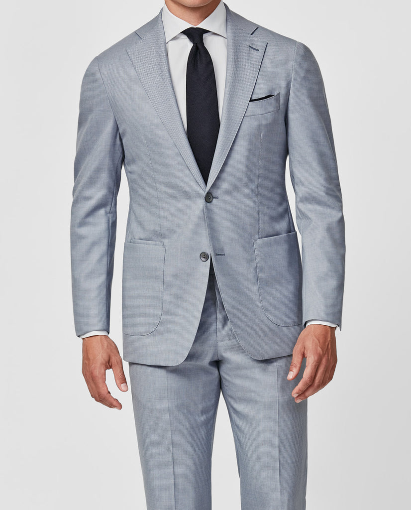 Angelico 365 Doppio Ritoto S130 Merino Wool Ice Blue with Tonal Micro Check