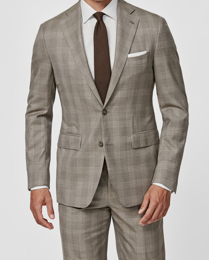 Angelico 365 Doppio Ritoto S130 Merino Wool Taupe with Beige Check