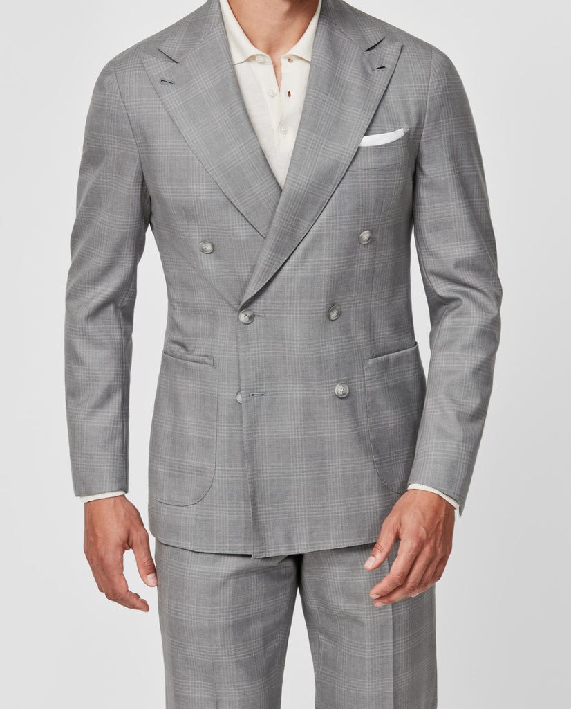 Angelico 365 Doppio Ritoto S130 Merino Wool Light Grey with Tonal Check