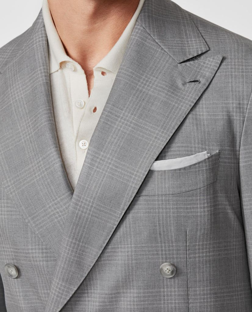 Angelico 365 Doppio Ritoto S130 Merino Wool Light Grey with Tonal Check