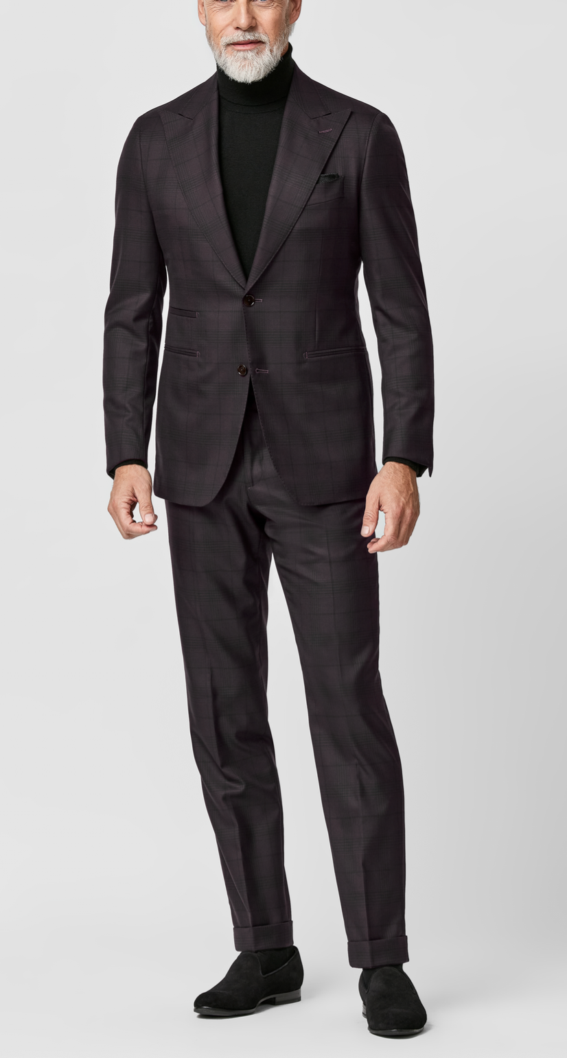 Angelico 365 Doppio Ritorto S130 Merino Wool Burgundy Glencheck with Black Windowpane