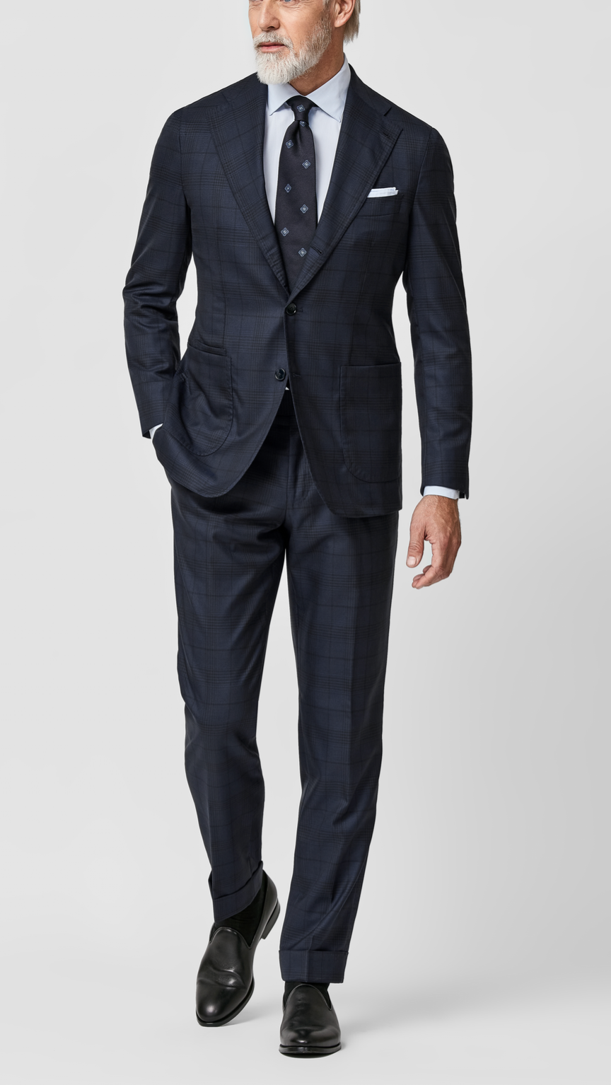 Angelico 365 Doppio Ritorto S130 Merino Wool Dark Blue Glencheck with Black Windowpane