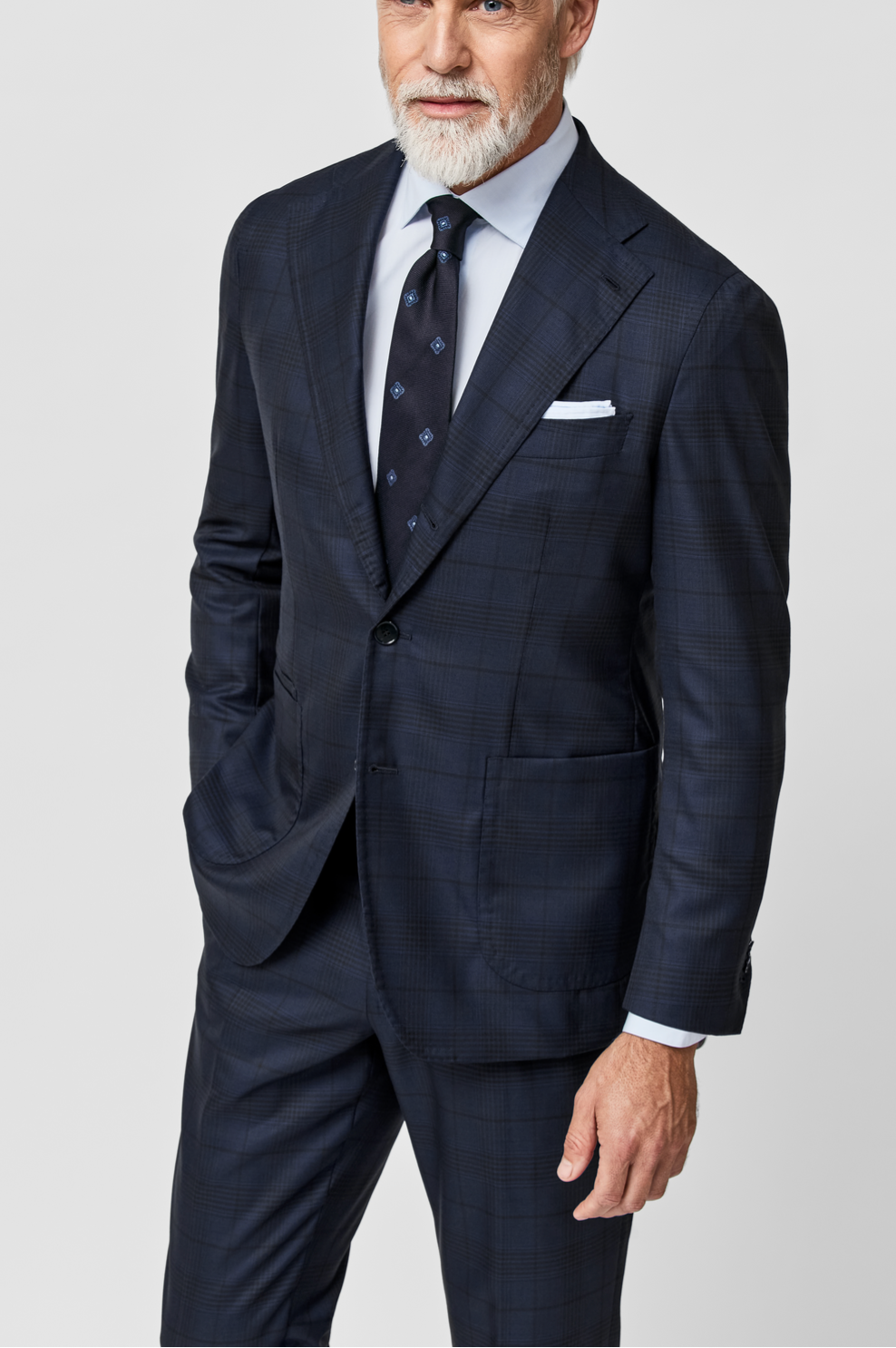 Angelico 365 Doppio Ritorto S130 Merino Wool Dark Blue Glencheck with Black Windowpane