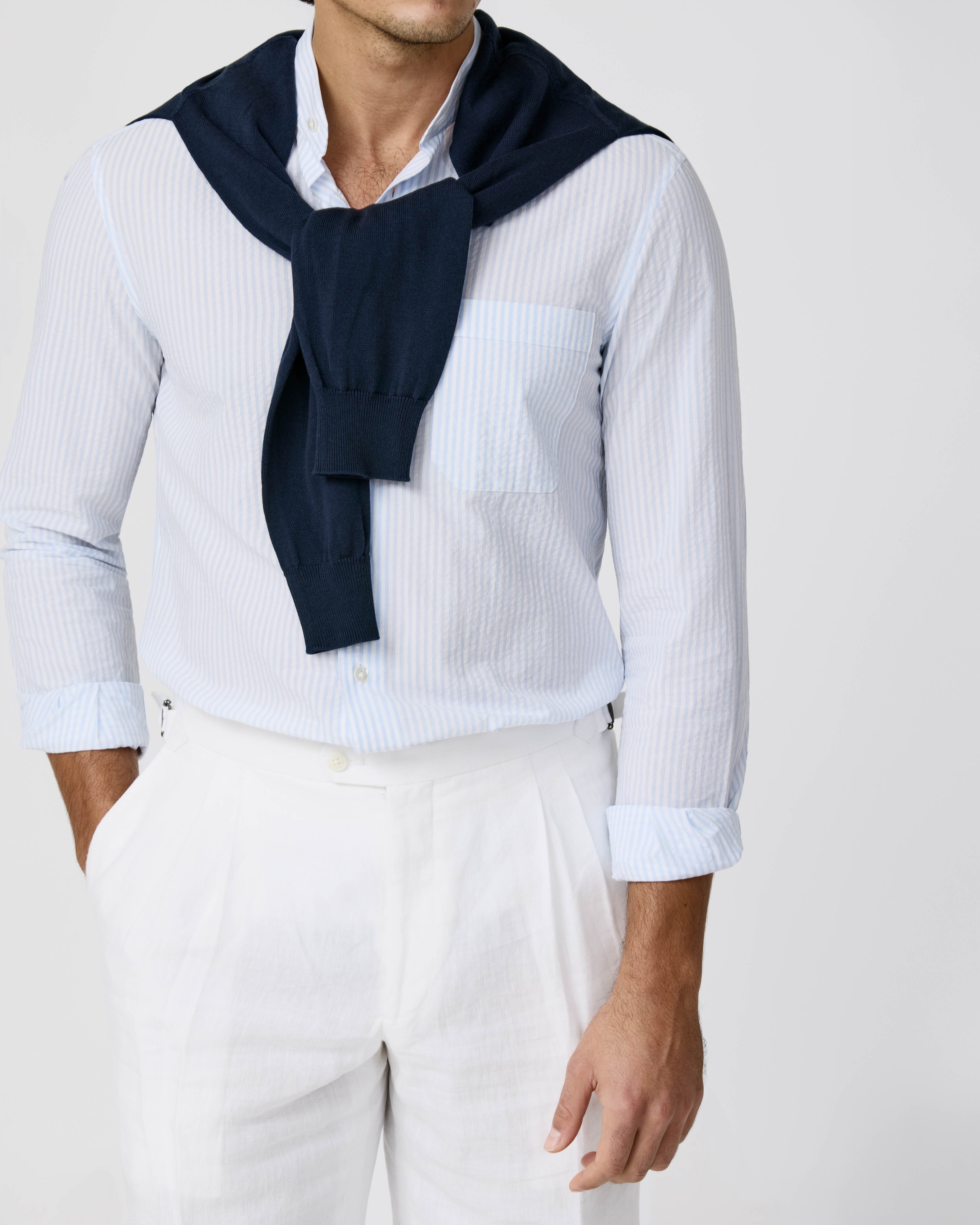 Albini White Cotton Seersucker with Light Blue Stripes