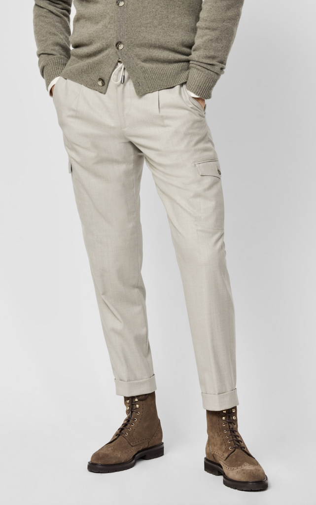 Barberis Canonico Oatmeal Flannel S120 Merino Wool Trousers with Natural Stretch