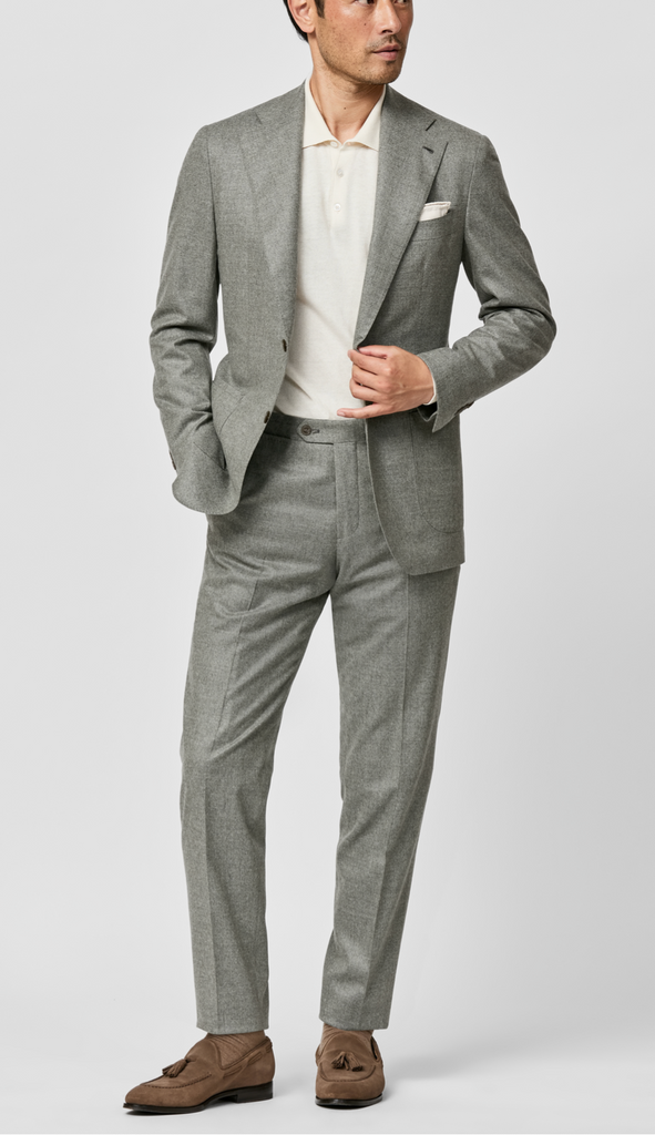 Barberis Canonico Heathered Mid Green-Grey Flannel S120 Merino Wool with Natural Stretch