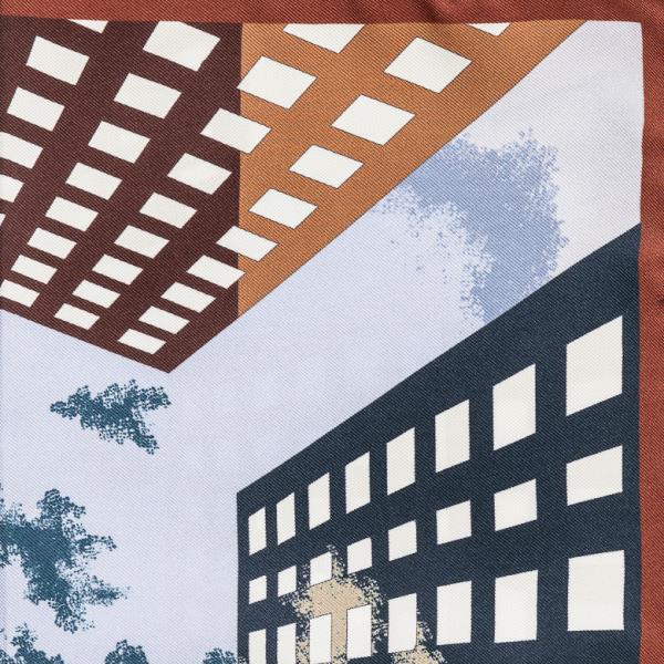 Sky Blue Silk Twill With Beige-red Abstract Skyscrapers And Wine Red Edges