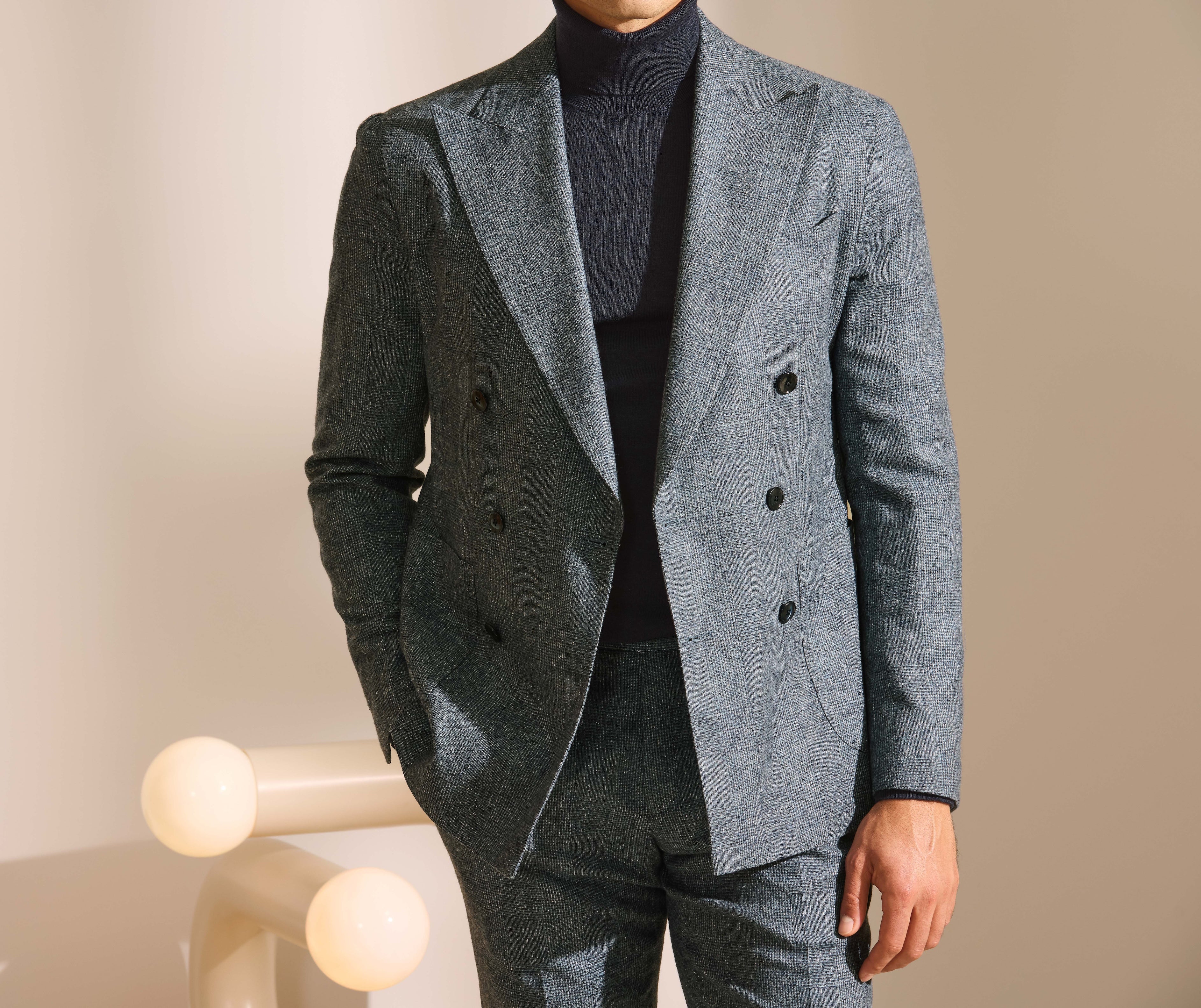 Lanificio Ermenegildo Zegna CASHTWEED Storm Blue Silk, Wool & Cashmere Glencheck with White Slubs