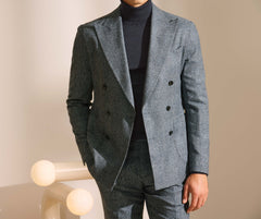 Lanificio Ermenegildo Zegna CASHTWEED Storm Blue Silk, Wool & Cashmere Glencheck with White Slubs