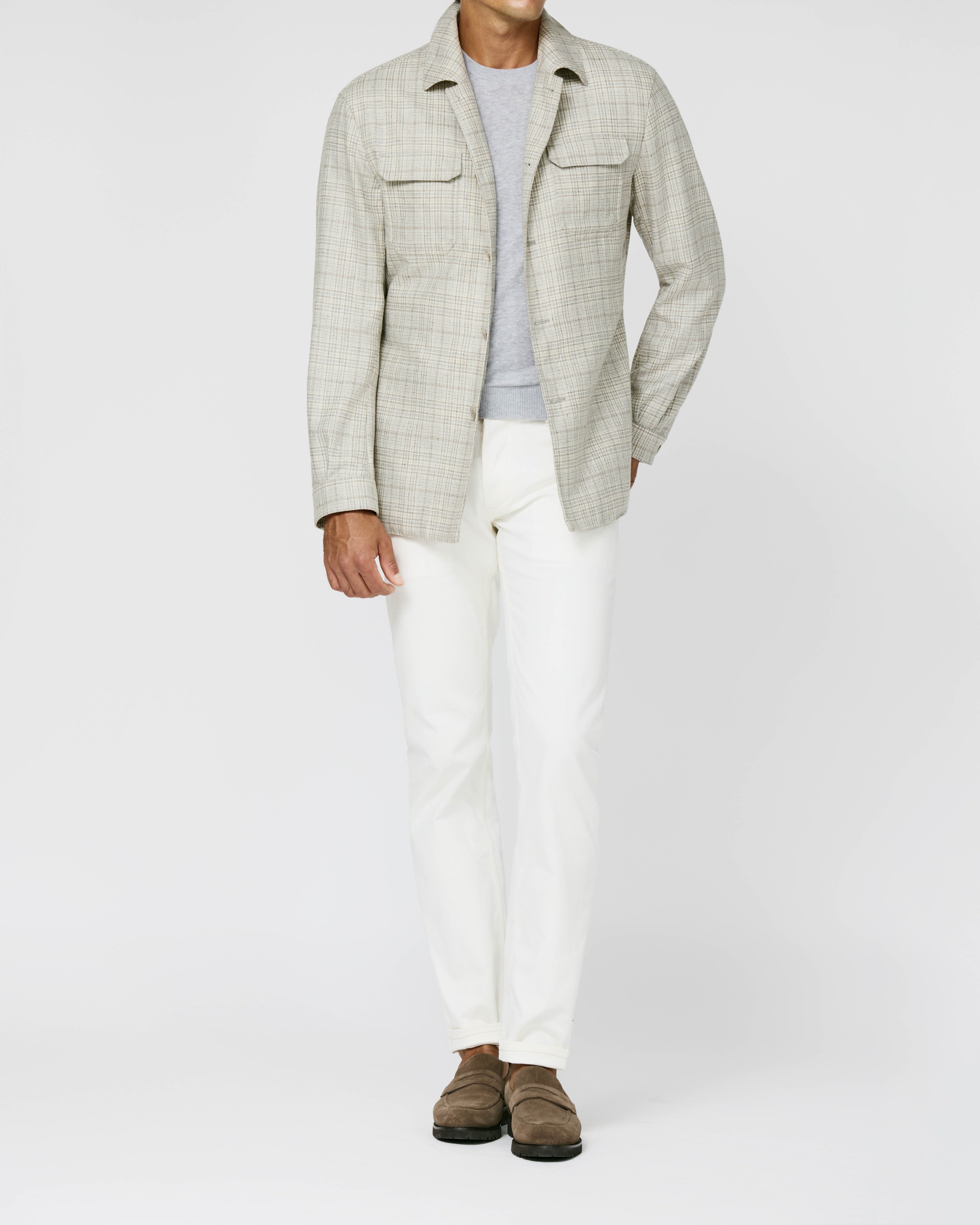 Di Pray Ivory & Oatmeal Silk & Wool Sharkskin With Oatmeal & Sky Blue Double Windowpane