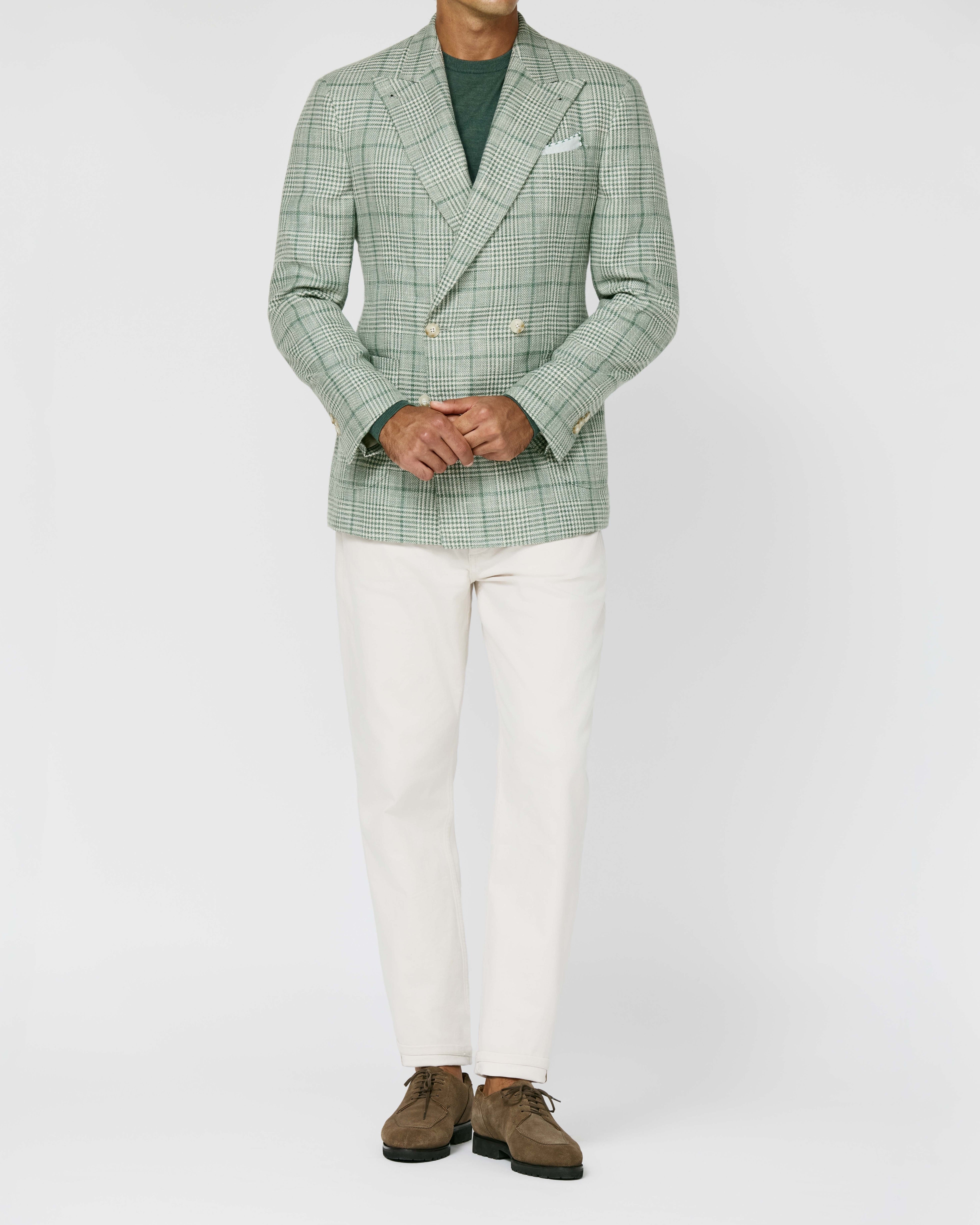 Loro Piana SOFTIME Bottle Green-off-White Wool, Cotton, Silk & Linen Glencheck and Green Windowpane