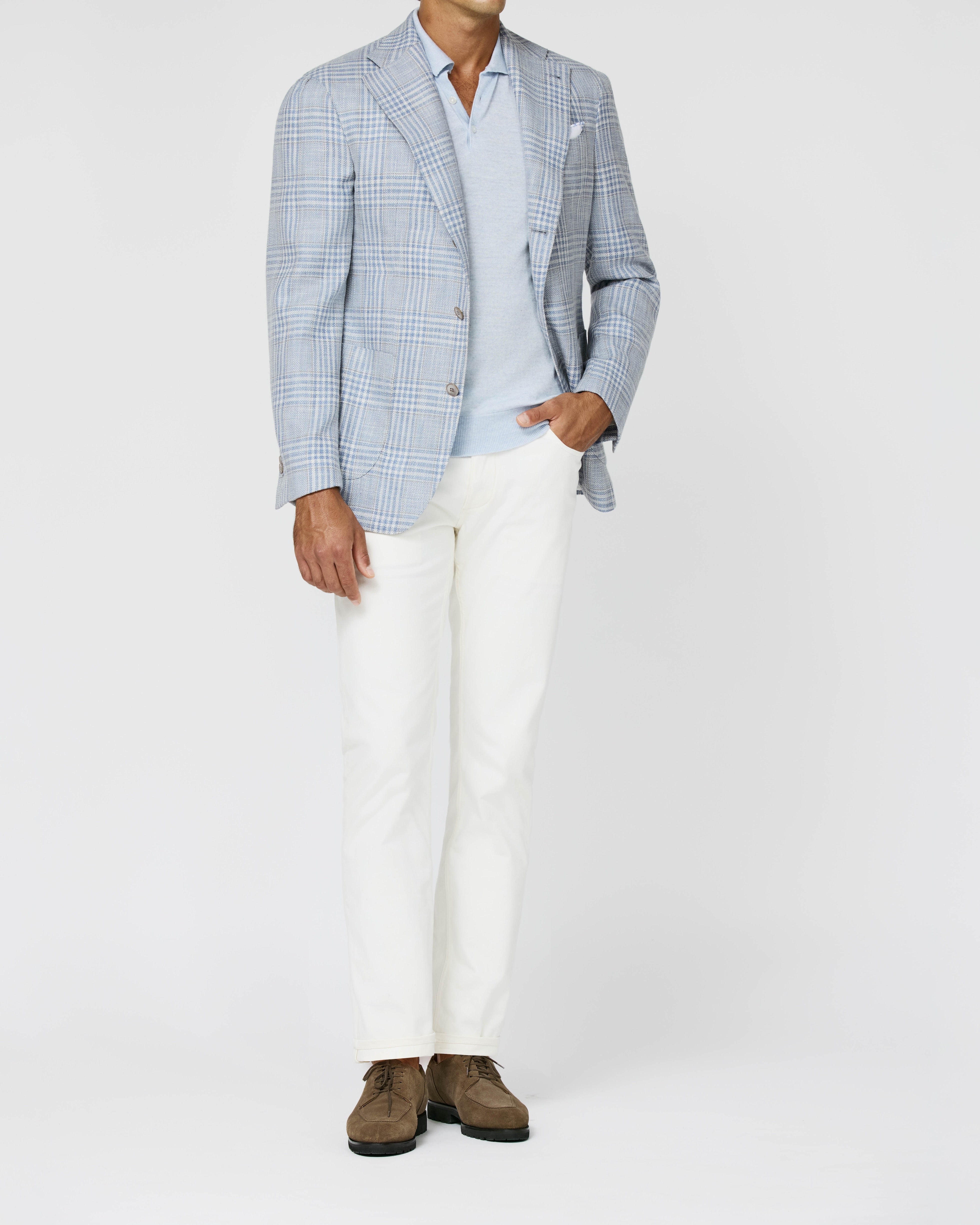 Loro Piana SOFTIME Sky Blue & Ivory Wool, Cotton, Silk & Linen Glencheck and Storm Grey Windowpane