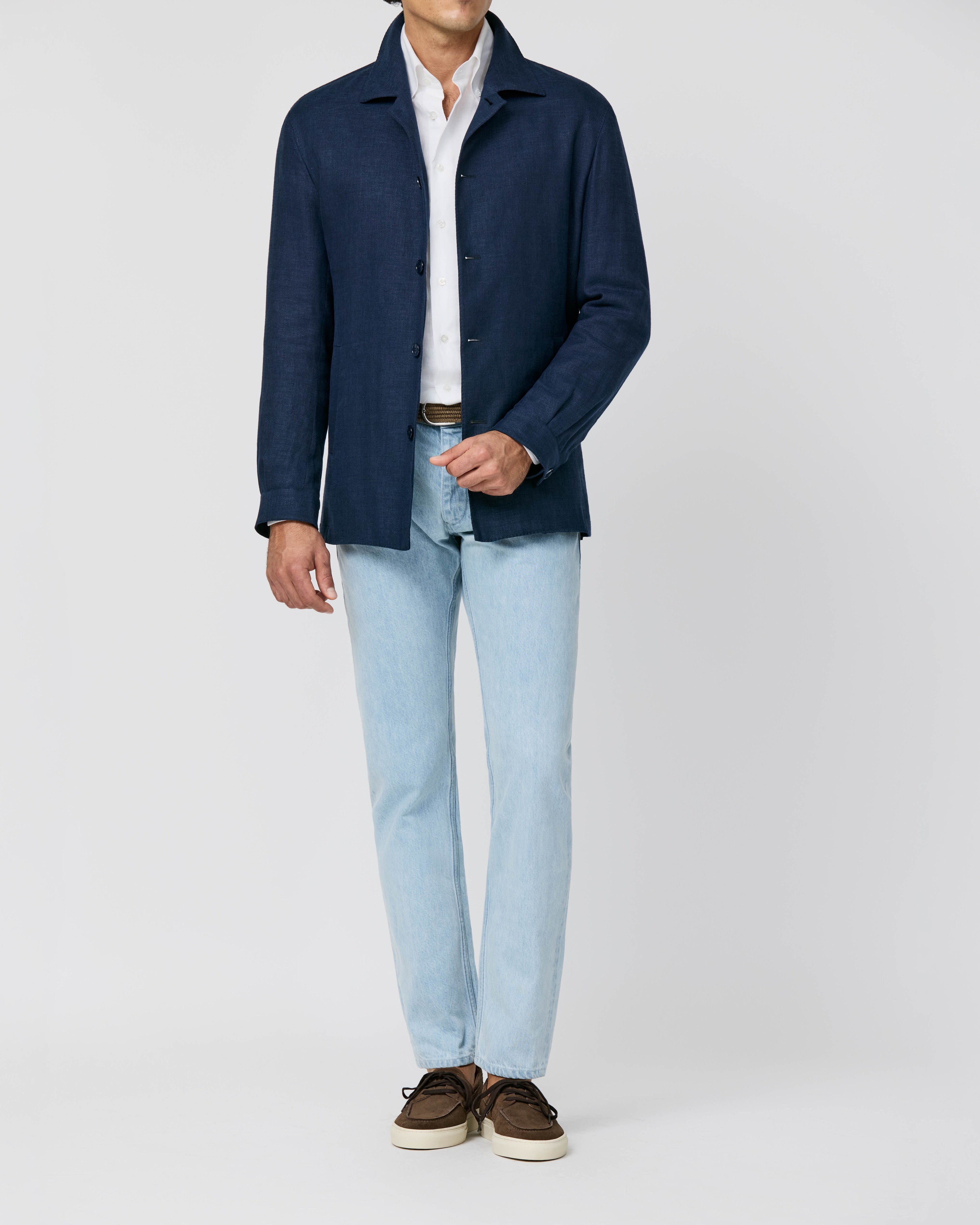 Ermenegildo Zegna CROSS PLY Dark Blue Mélange Stretch Linen, Wool & Silk Twill