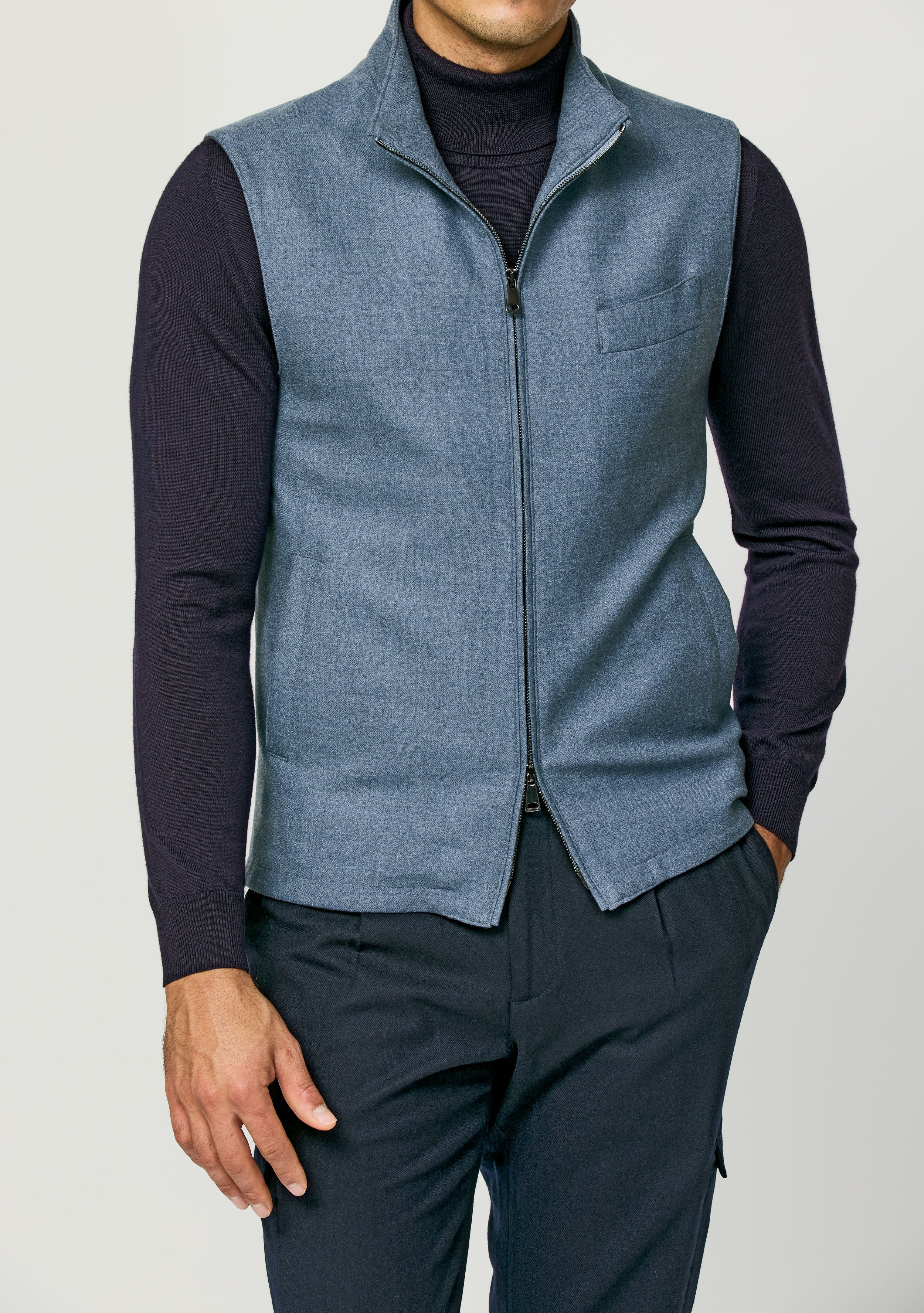 JERSELY Storm Blue Stretch Brushed Merino Wool Flannel Vest / Bodywarmer