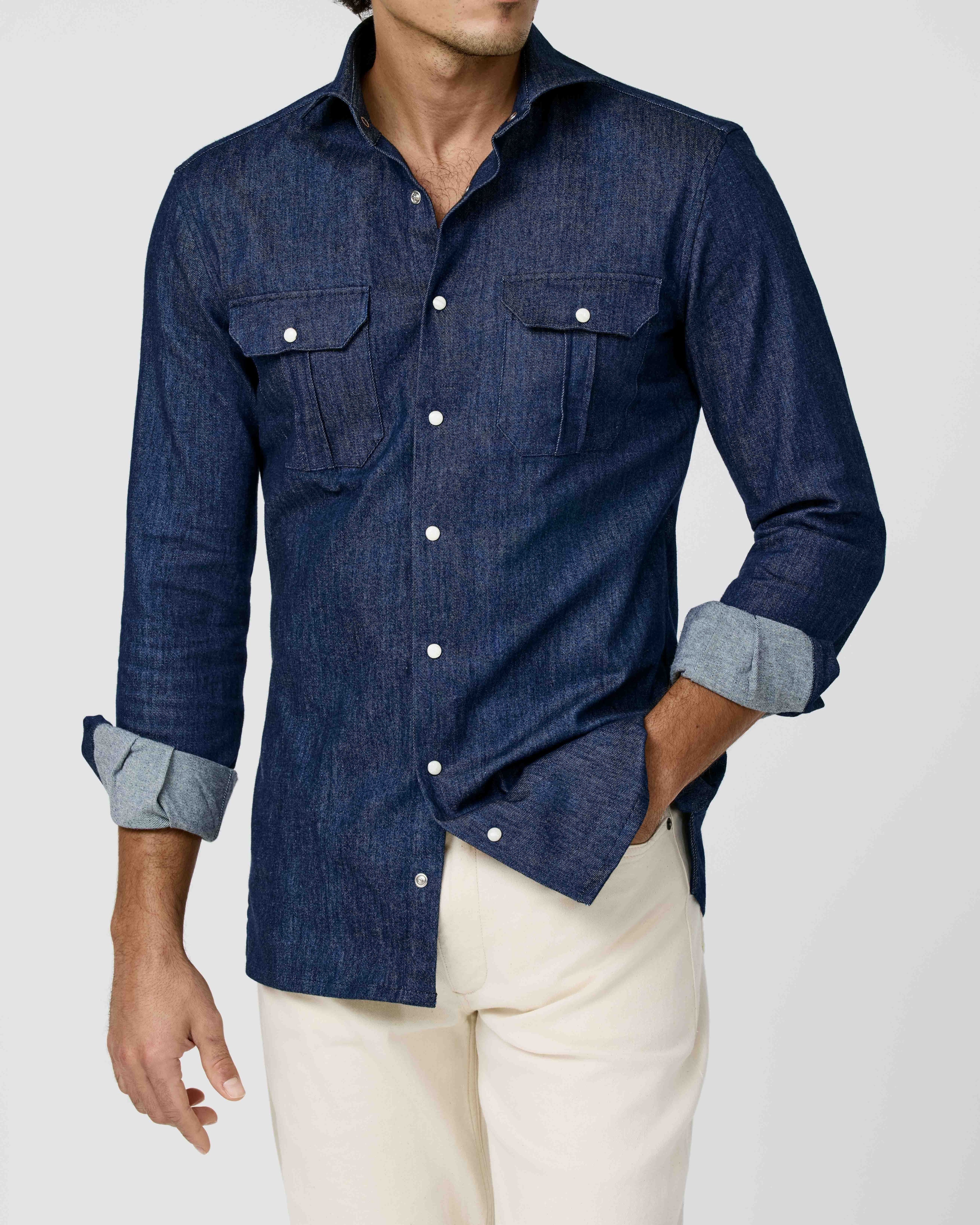 Albiate Indigo Blue Stretch Cotton Blend Washed Denim Twill