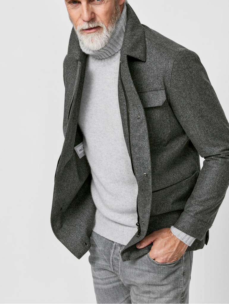 Barberis Canonico Heathered Grey S120 Twill Bonded Weather Tech Wool Two-Way Zip Informal Jacket