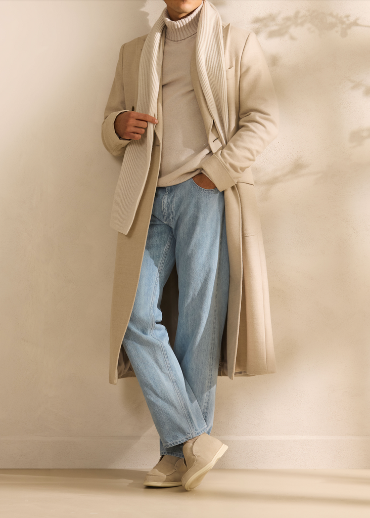 ZELANDER Ivory & Oatmeal Wool & Silk Double-Faced Flannel Martingale Overcoat