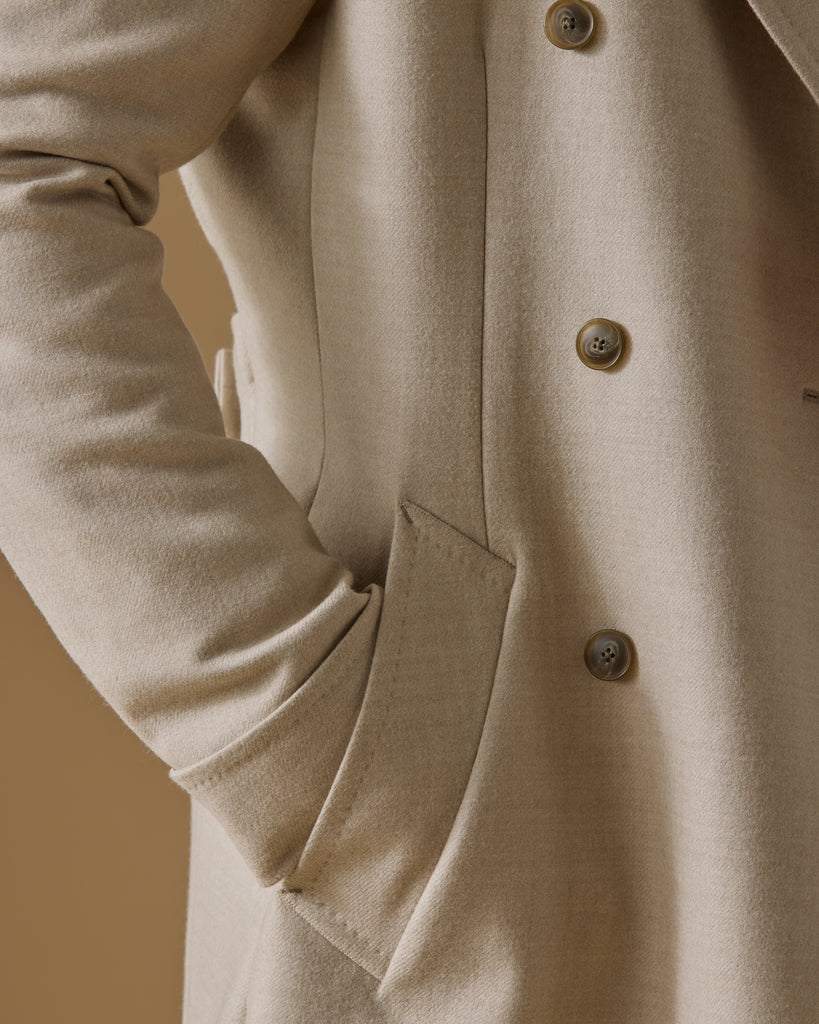 ZELANDER Ivory & Oatmeal Wool & Silk Double-Faced Flannel Martingale Overcoat