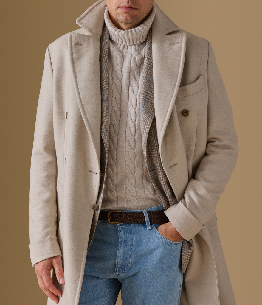 ZELANDER Ivory & Oatmeal Wool & Silk Double-Faced Flannel Martingale Overcoat