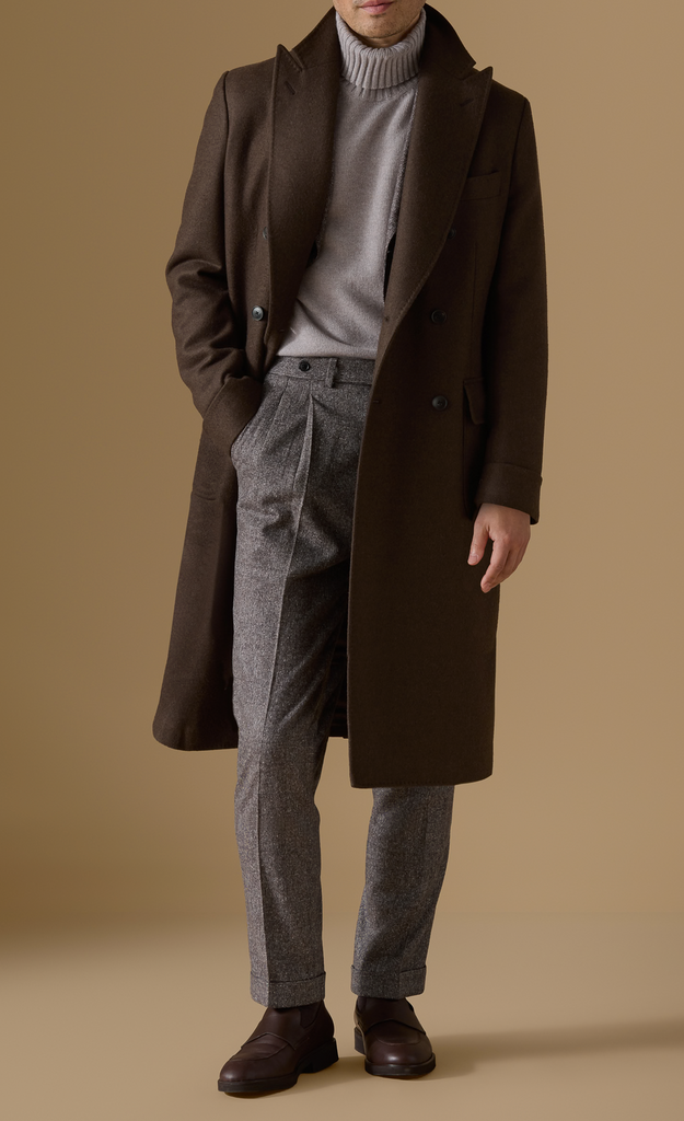 ZELANDER Chocolate Brown Wool & Silk Double-Faced Flannel Martingale Overcoat