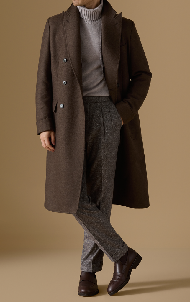 ZELANDER Chocolate Brown Wool & Silk Double-Faced Flannel Martingale Overcoat