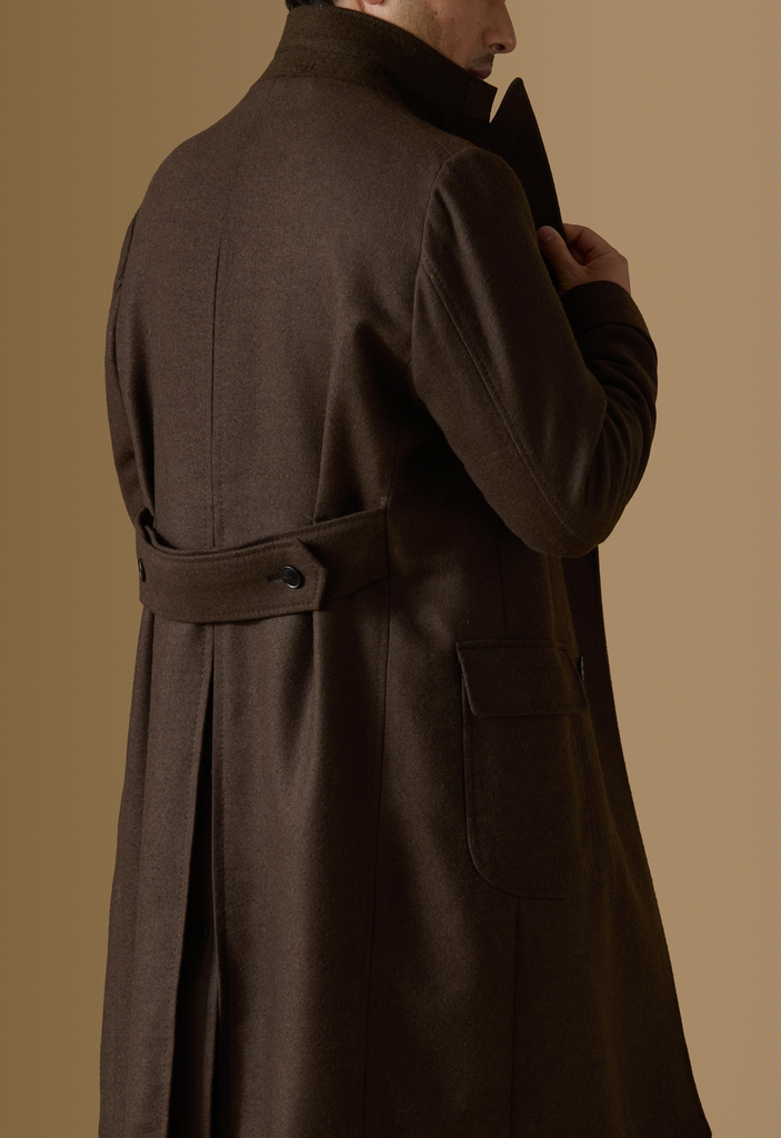 ZELANDER Chocolate Brown Wool & Silk Double-Faced Flannel Martingale Overcoat