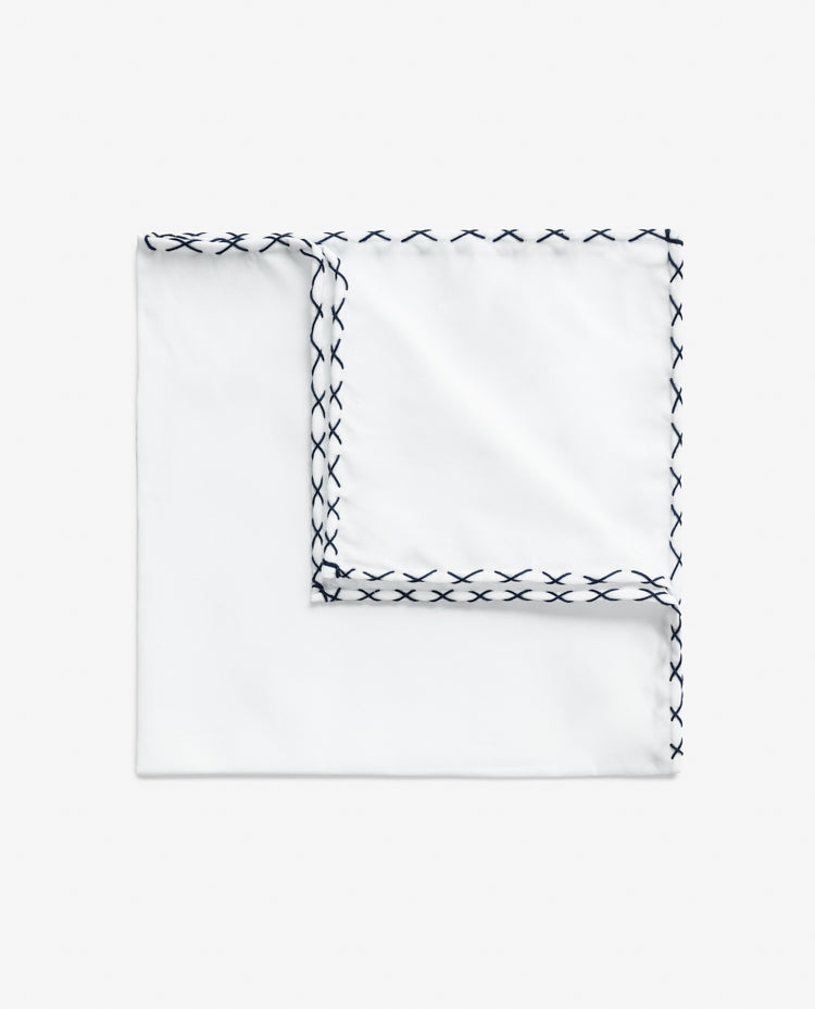 Pocket Square Pure Cotton White Plain Weave with Midnight Blue Handstitching