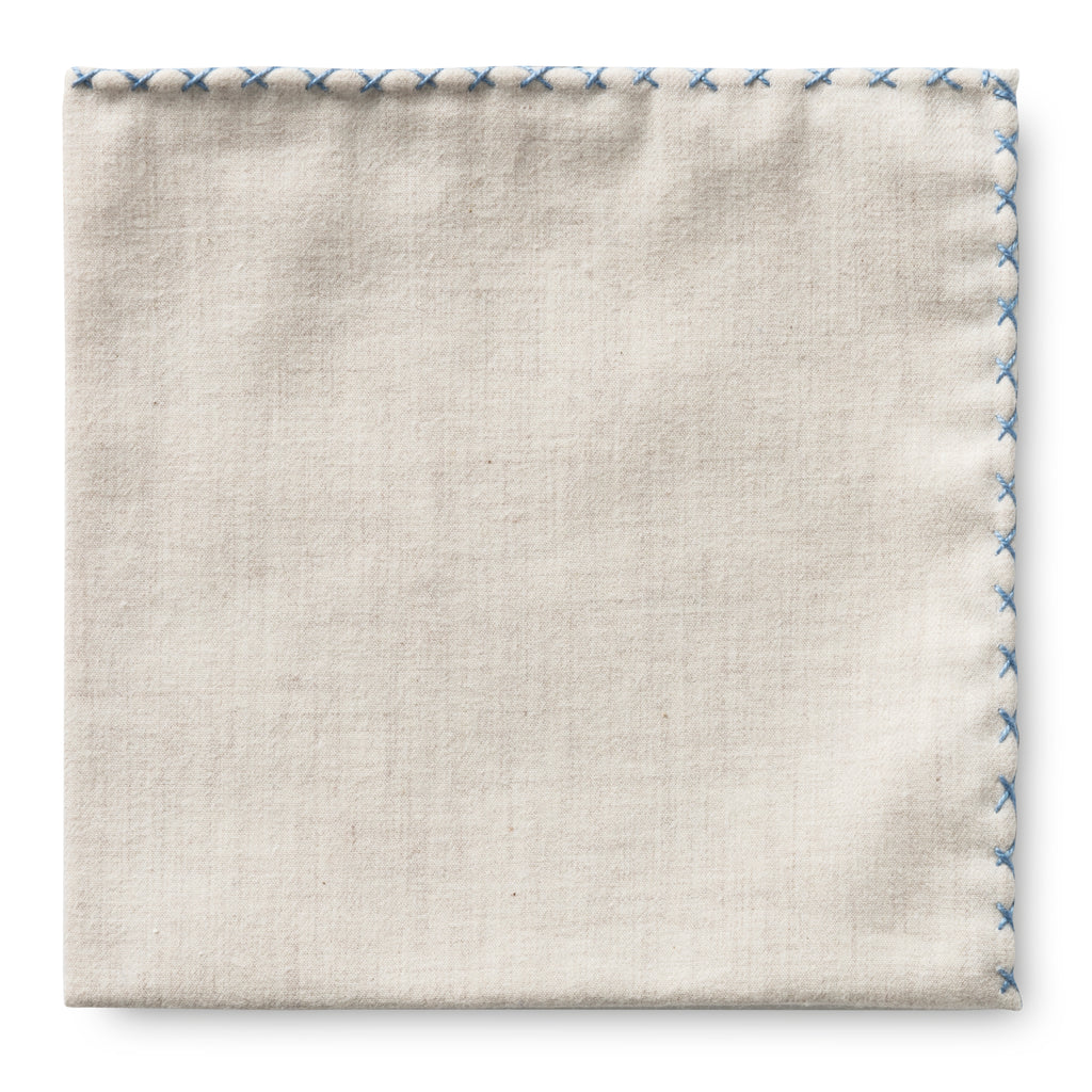 Pocket Square Beige Cotton Flannel Light Blue Handstitched