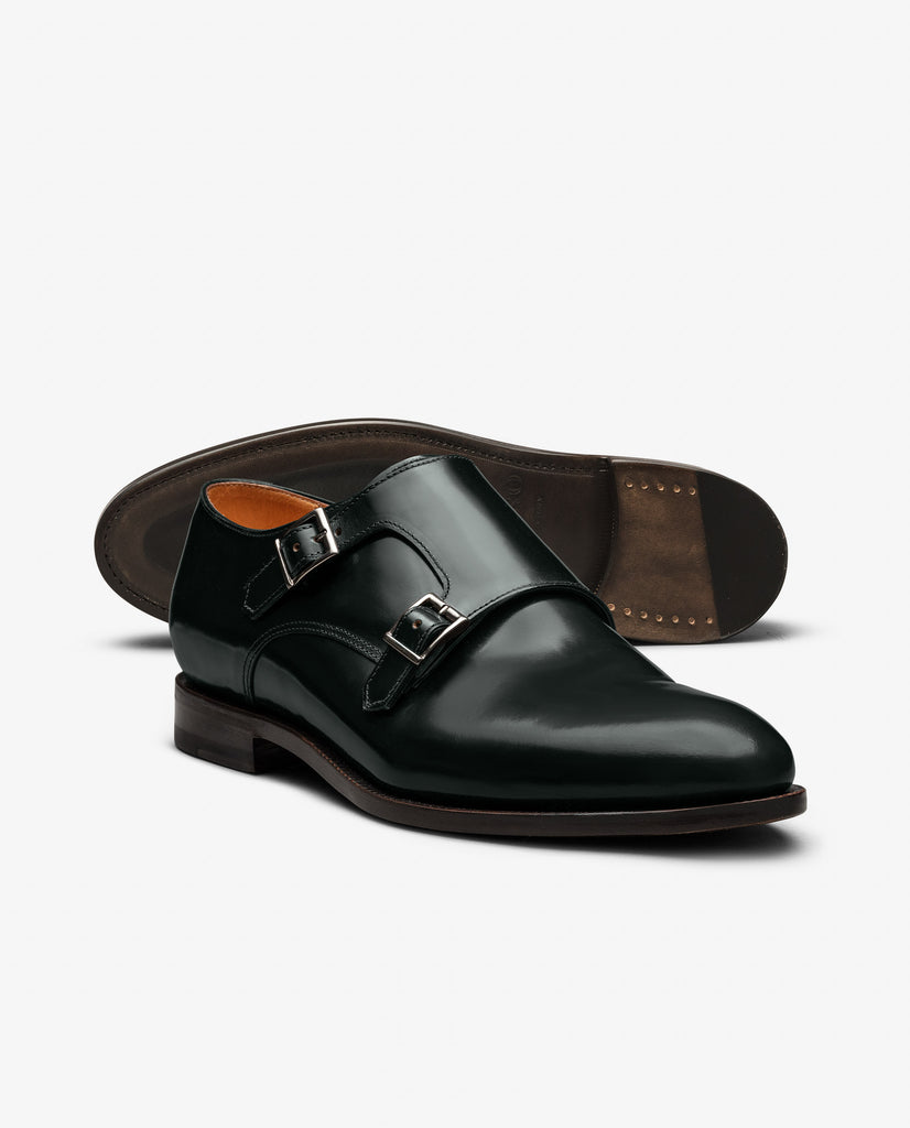 Dark Green Polished Antique Calf Plain Tip Blake Double Monk