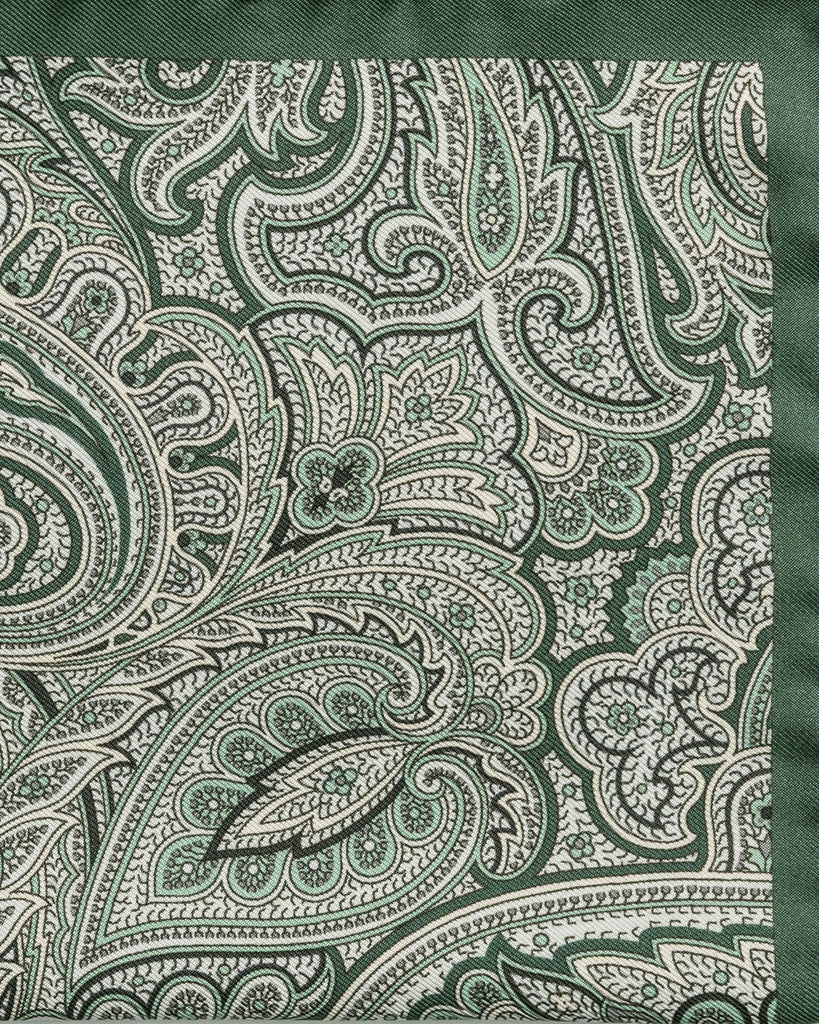 Pocket Square Paolo Albizzati Pure Silk Mixed Green Twill with Paisley and Forest Green Edge