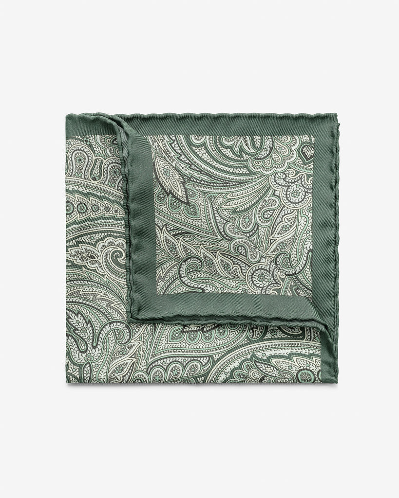 Pocket Square Paolo Albizzati Pure Silk Mixed Green Twill with Paisley and Forest Green Edge
