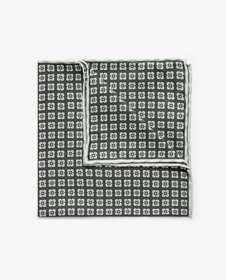 Pocket Square Carlo Pozzi Pure Silk Dark Green with Geometric Flower Print and Light Green Edge