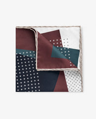 Pocket Square Carlo Pozzi Silk Off White Twill with Burgundy & Blue Square Abstract Print and Taupe Edge