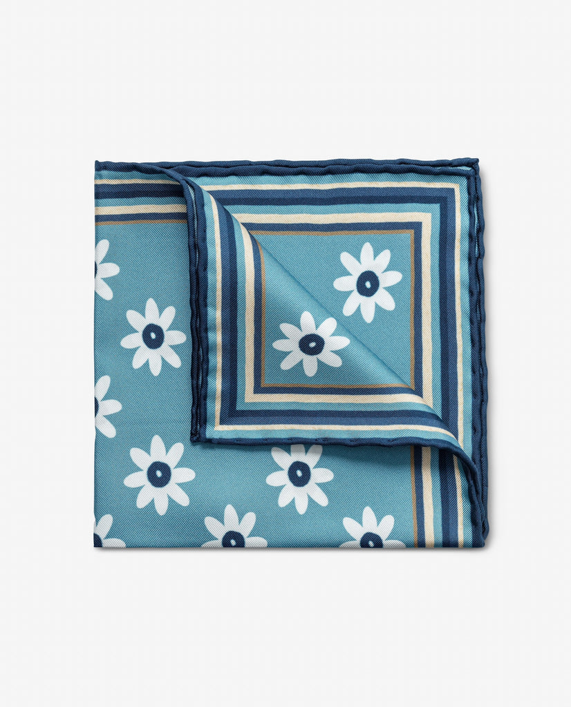 Pocket Square Carlo Pozzi Pure Silk Mixed Blue Twill with White Flowers and Navy Blue Edge