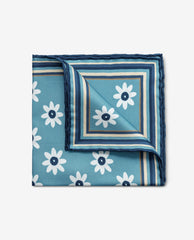Pocket Square Carlo Pozzi Pure Silk Mixed Blue Twill with White Flowers and Navy Blue Edge