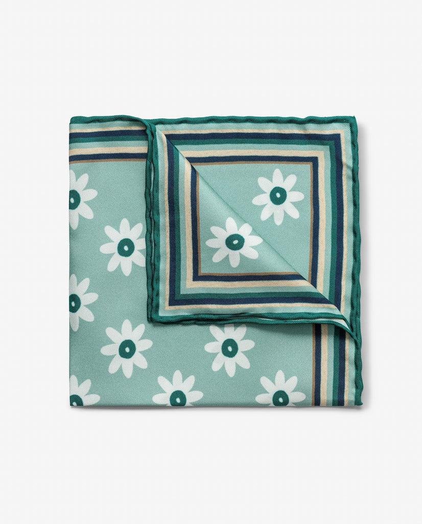 Pocket Square Carlo Pozzi Pure Silk Mixed Green Twill with White Flowers and Jade Green Edge