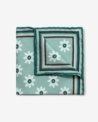 Pocket Square Carlo Pozzi Pure Silk Mixed Green Twill with White Flowers and Jade Green Edge