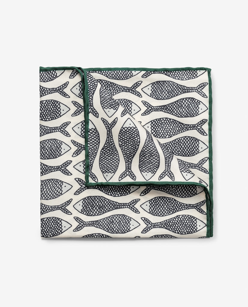 Pocket Square Carlo Pozzi Pure Silk Light Sand Twill with Blue Abstract Fish Design and Bottle Green Edges