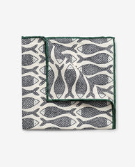 Pocket Square Carlo Pozzi Pure Silk Light Sand Twill with Blue Abstract Fish Design and Bottle Green Edges