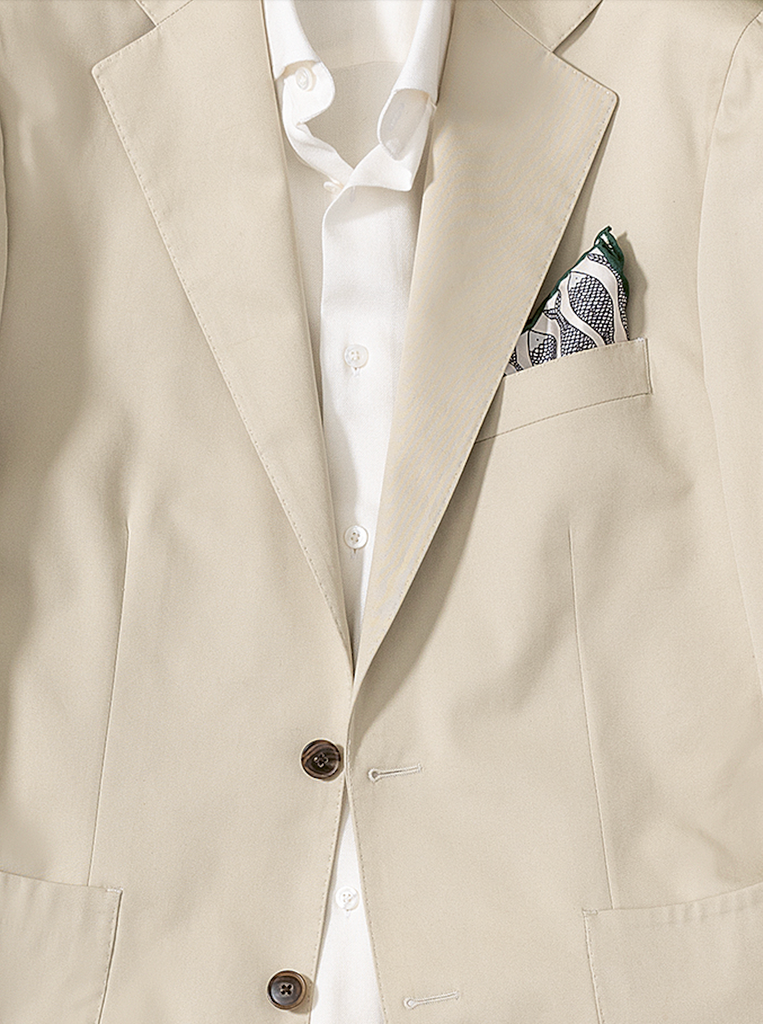 Pocket Square Carlo Pozzi Pure Silk Light Sand Twill with Blue Abstract Fish Design and Bottle Green Edges