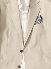 Pocket Square Carlo Pozzi Pure Silk Light Sand Twill with Blue Abstract Fish Design and Bottle Green Edges
