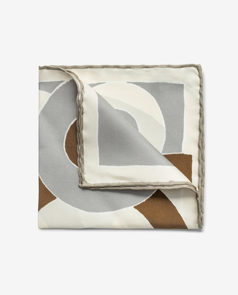 Pocket Square Carlo Pozzi Pure Silk Light Sand Twill with Camel Abstract Design and Taupe Edge