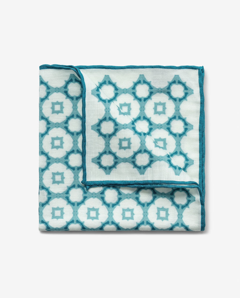 Pocket Square Carlo Pozzi Off White Linen & Silk Herringbone with Mixed Blue Big Chain Design and Petrol Edge