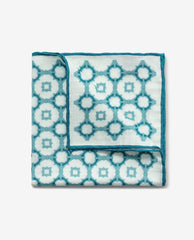 Pocket Square Carlo Pozzi Off White Linen & Silk Herringbone with Mixed Blue Big Chain Design and Petrol Edge
